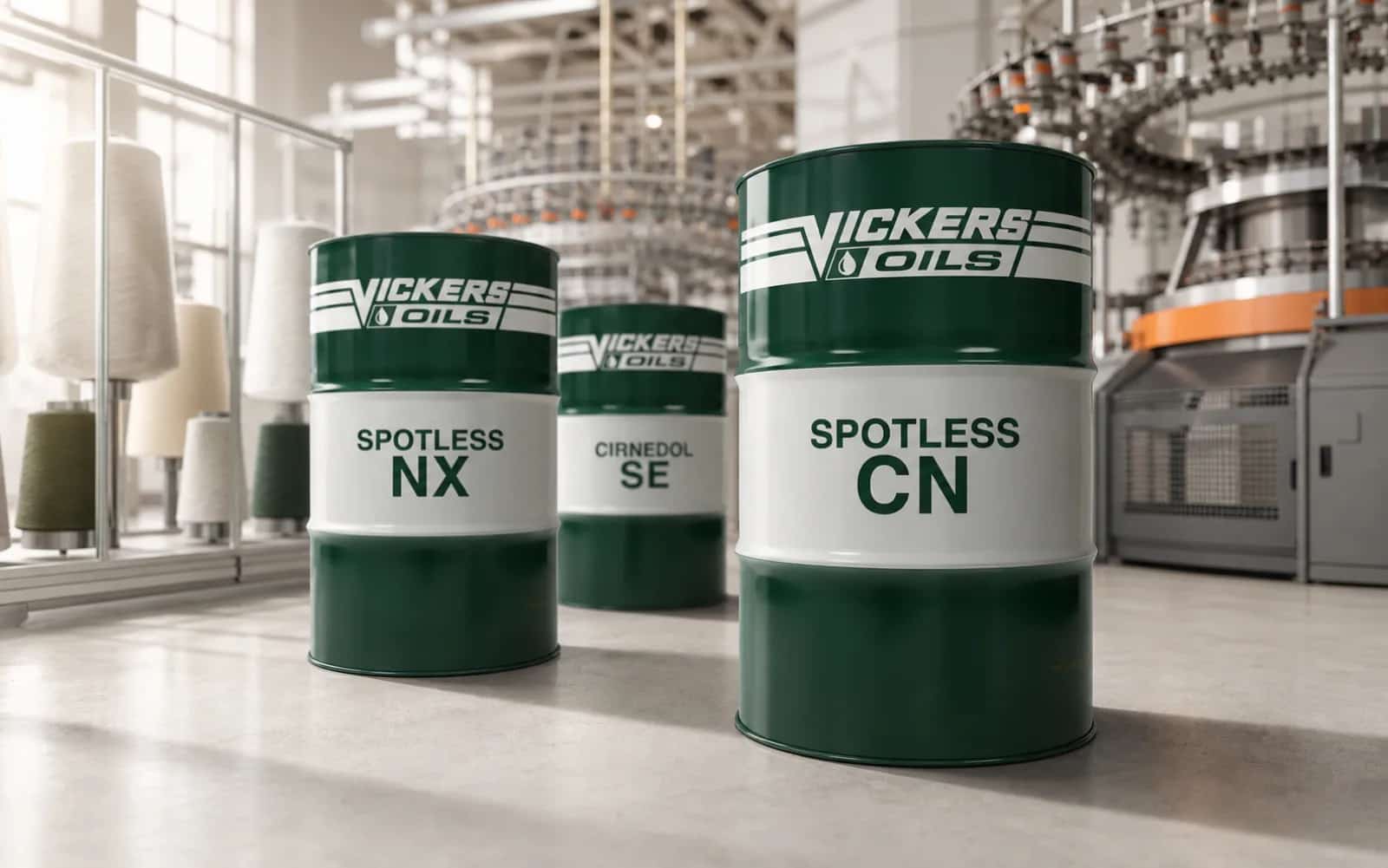 Drums of specialist oils for textile machinery