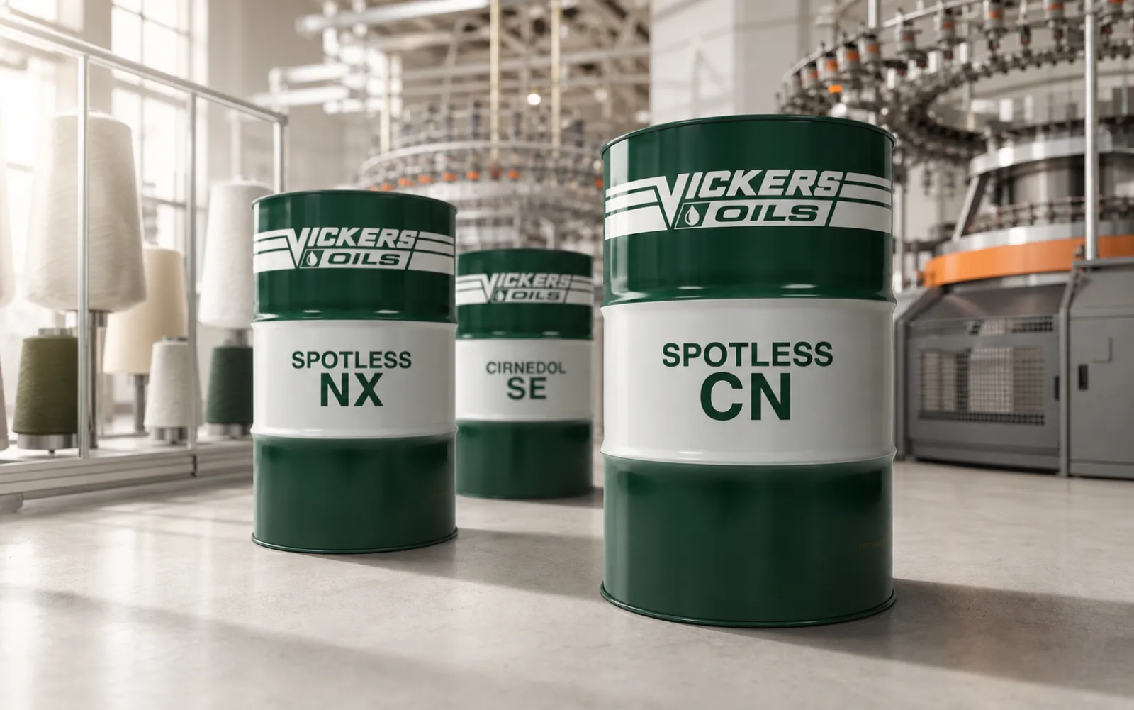 Drums of specialist oils for textile machinery