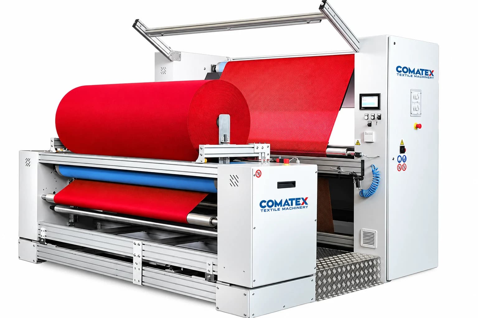 Urządzenie Comatex z czerwonym materiałem przygotowywanym do produkcji