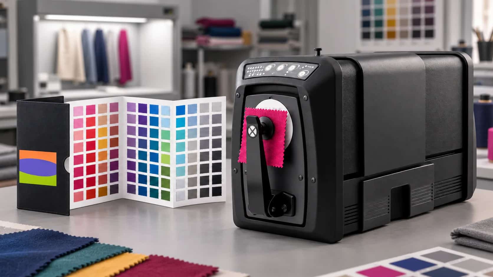 Spektrofotometr X-Rite z próbką tkaniny i wzornikiem Pantone FHI