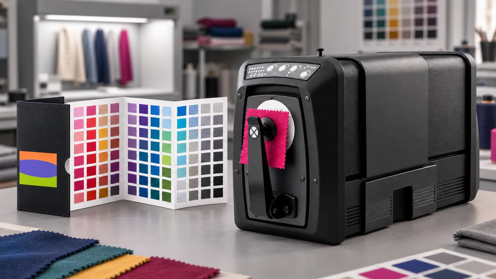X-Rite spectrophotometer with a fabric sample and a Pantone FHI colour guide