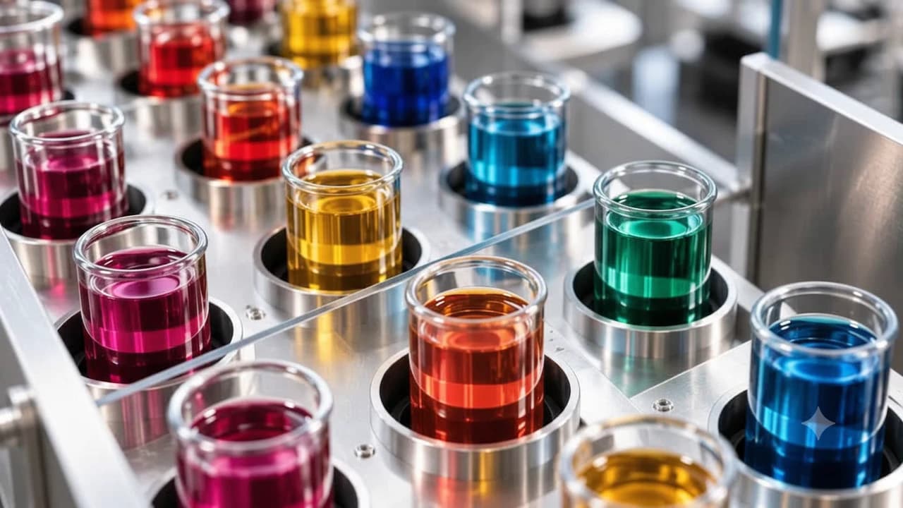 Laboratorium chemii włókienniczej z próbkami i naczyniami laboratoryjnymi